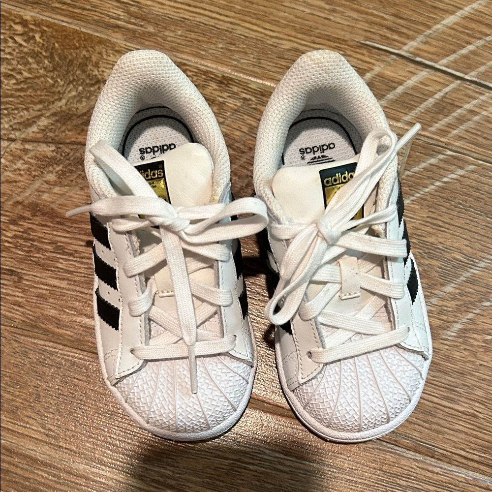 Adidas Kids Superstar White and Black Striped Sneakers-7k